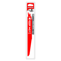 The Diablo DS0908BFD5 9 8/10TPI Bi-Metal reciprocating saw blade in red, delivers 5x longer life with its ultra-hardened edge. Designed for thick metal demolition, it features superior performance packaging and comes in a convenient 5-pack.