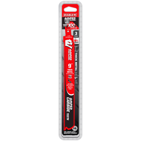 The Diablo DS0908CFA3 9 in. 8TPI AMPED™ Steel Demon™ carbide teeth reciprocating saw blades for thick metal (3-pack) feature advanced Black I.C.E. coating technology and Hi-Performance Carbide for unparalleled durability and performance, highlighted in a striking red and black design.