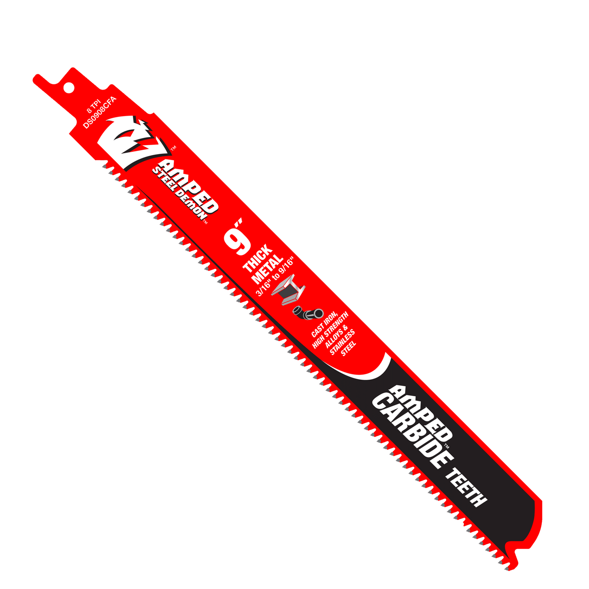 The Diablo DS0908CFA3 9-inch AMPED™ Steel Demon™ reciprocating saw blade has tapered carbide teeth for thick metal cutting, features red design with white and black branding, and is enhanced with a Black I.C.E. coating for durability. Comes in a pack of three.