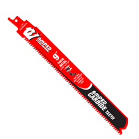 The Diablo DS0908CFA3 9-inch AMPED™ Steel Demon™ reciprocating saw blade has tapered carbide teeth for thick metal cutting, features red design with white and black branding, and is enhanced with a Black I.C.E. coating for durability. Comes in a pack of three.