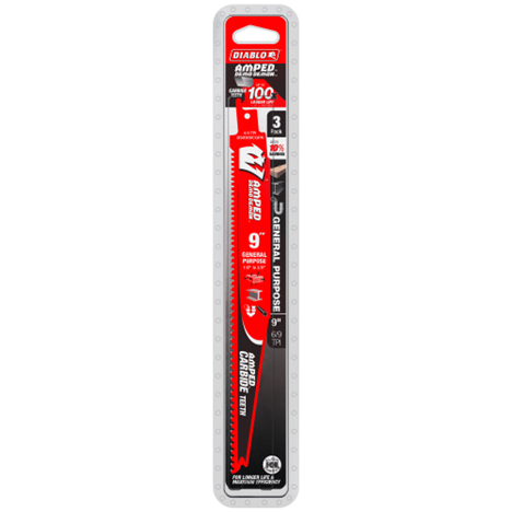 The Diablo DS0909CGPA3 9-inch 6/9 TPI AMPED™ Demo Demon™ reciprocating saw blade, in striking red and black, is designed for general cuts including wood with nails. It features Hi-Performance Carbide teeth and a Black I.C.E. coating for enhanced durability and torsion levels.