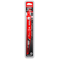 The Diablo DS0909CGPA3 9-inch 6/9 TPI AMPED™ Demo Demon™ reciprocating saw blade, in striking red and black, is designed for general cuts including wood with nails. It features Hi-Performance Carbide teeth and a Black I.C.E. coating for enhanced durability and torsion levels.
