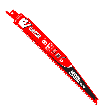 Image of a red 9-inch DIABLO DS0909CGPA3 AMPED Demo Demon carbide teeth reciprocating saw blade. Features include General Purpose Thick Metal text, tool graphics, and Diablo logo, crafted for heavy-duty cuts with high-performance efficiency.