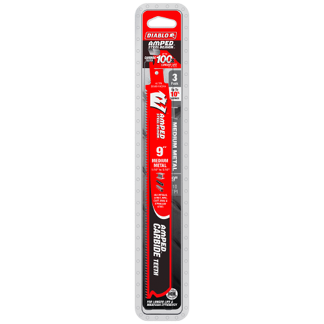 The DIABLO DS0910CFA3 9 10TPI AMPED™ Steel Demon™ saw blades, featuring Hi-Performance Carbide teeth, come in red and black packaging that highlights their durability, longevity, and cutting efficiency for medium metal.