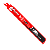 The Diablo DS0910CFA3 9 in. 10 TPI AMPED™ Steel Demon™ Carbide Teeth Reciprocating Saw Blades for Medium Metal (3-Pack) in red and black feature sharp carbide teeth, precision, and durability, with icons for compatible materials and tools.