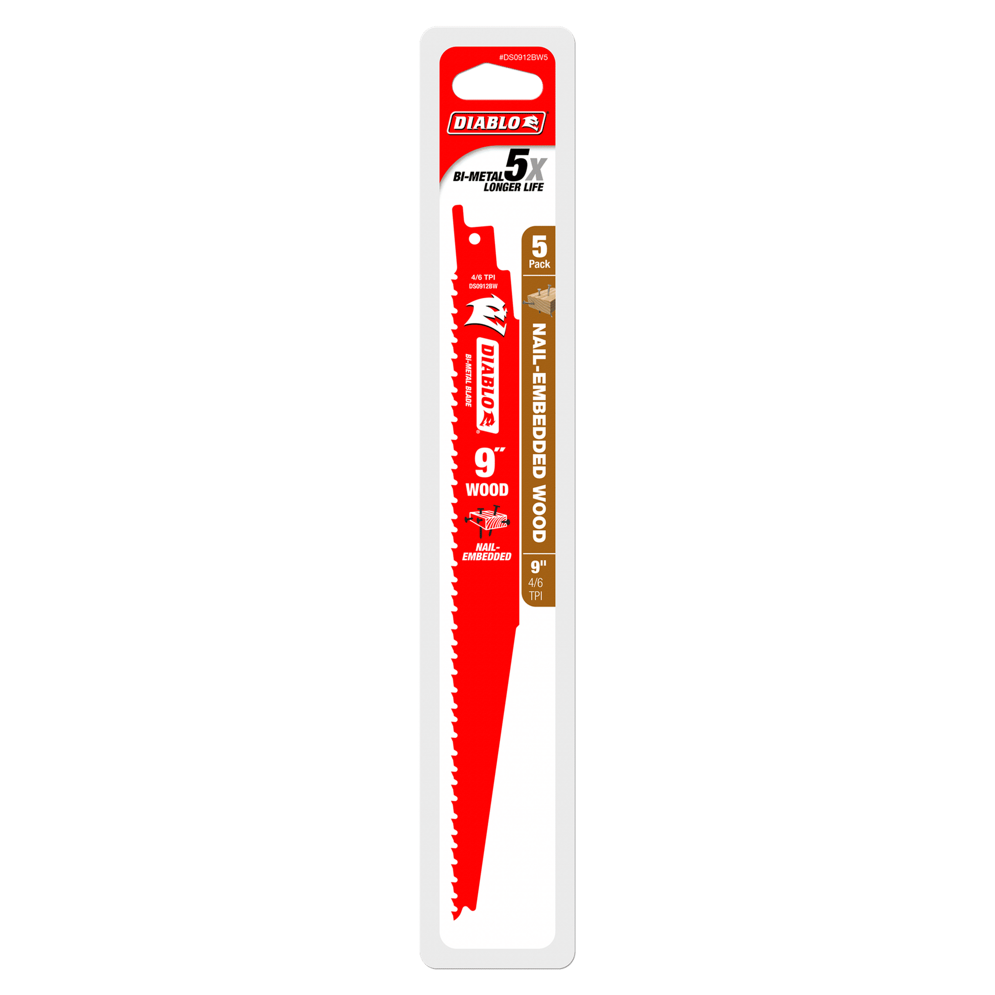 The Diablo DS0912BW5 9 in. bi-metal reciprocating saw blades, featuring Perma-SHIELD® coating, offer five times longer durability for cutting nail-embedded wood, ensuring efficiency and reliability. Available in a 5-pack with 4/6 TPI configuration.