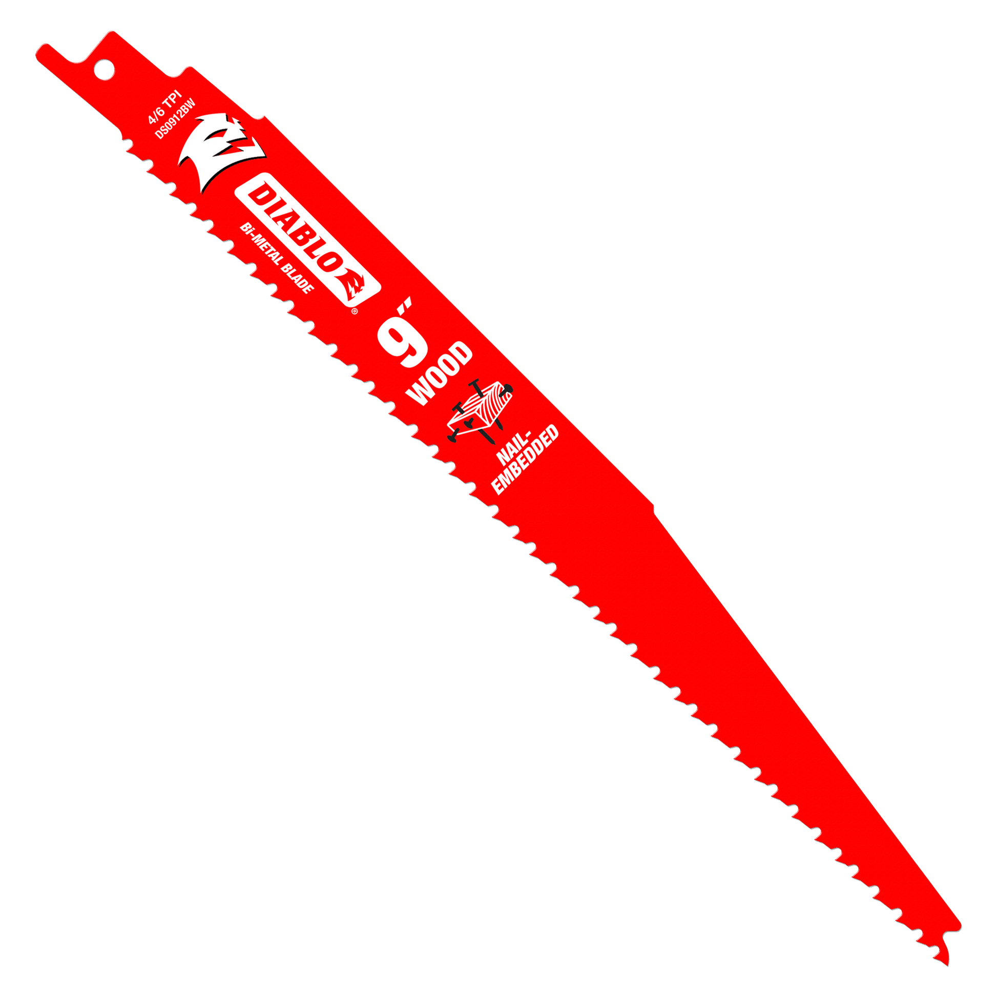 The Diablo DS0912BW5 9 in. 4/6TPI Bi-Metal Reciprocating Saw Blades are ideal for cutting nail-embedded wood, featuring jagged teeth and a Perma-SHIELD® coating for enhanced durability, crafted in Switzerland.