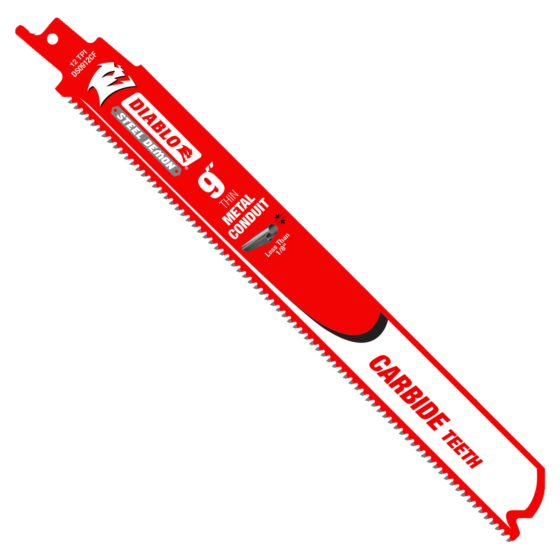 The DIABLO DS0912CF 9 in. 12TPI Steel Demon™ reciprocating saw blade features carbide teeth designed for cutting thin metal conduit, extending its cutting life. The red blade showcases the Diablo logo and product description on its surface.