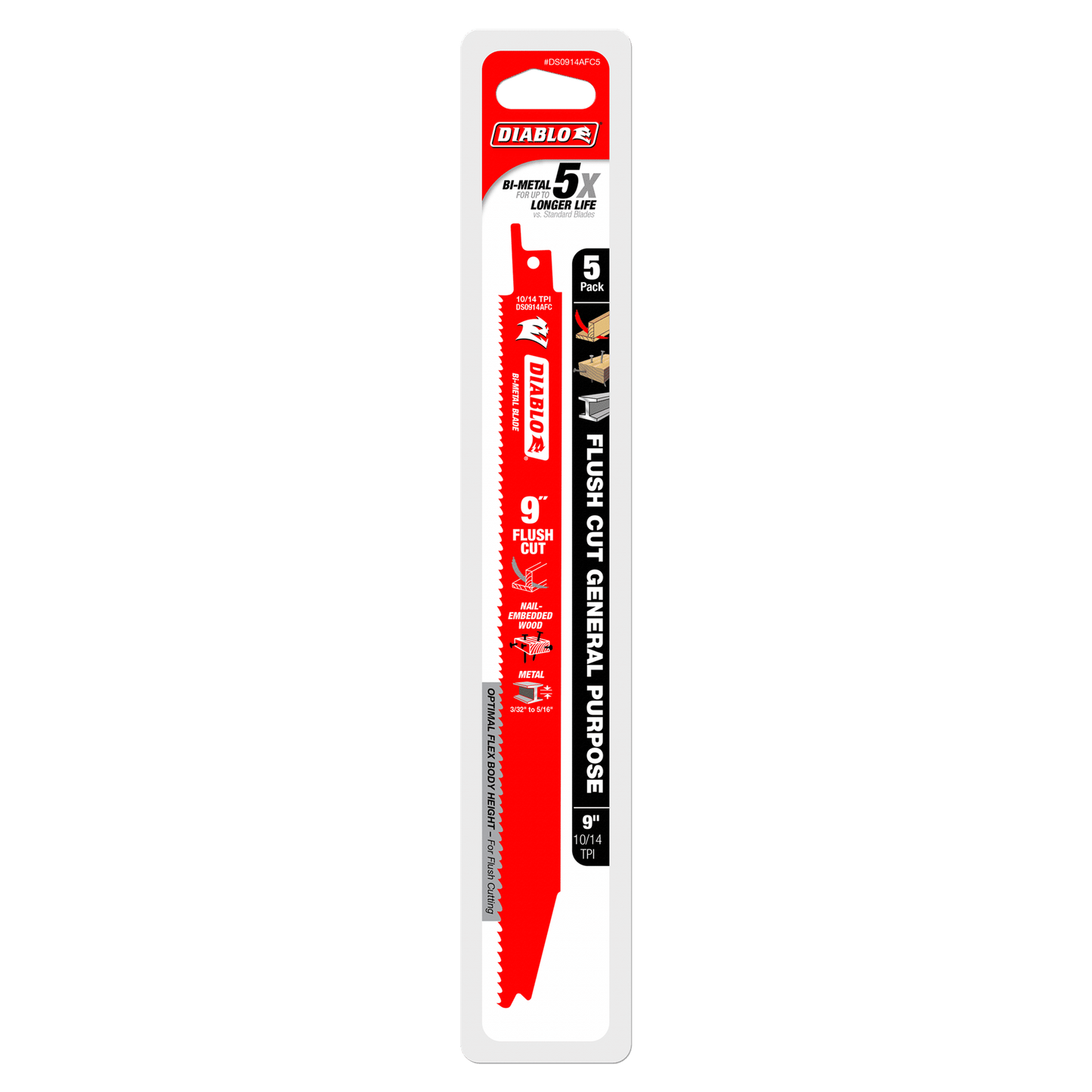 Image of Diablo DS0914AFC5 9-inch red blade (5-pack) with Variable Tooth Technology for nail-embedded wood and metal, labeled Flush Cut General Purpose, boasting 5x longer life. Features white text showcasing specs.