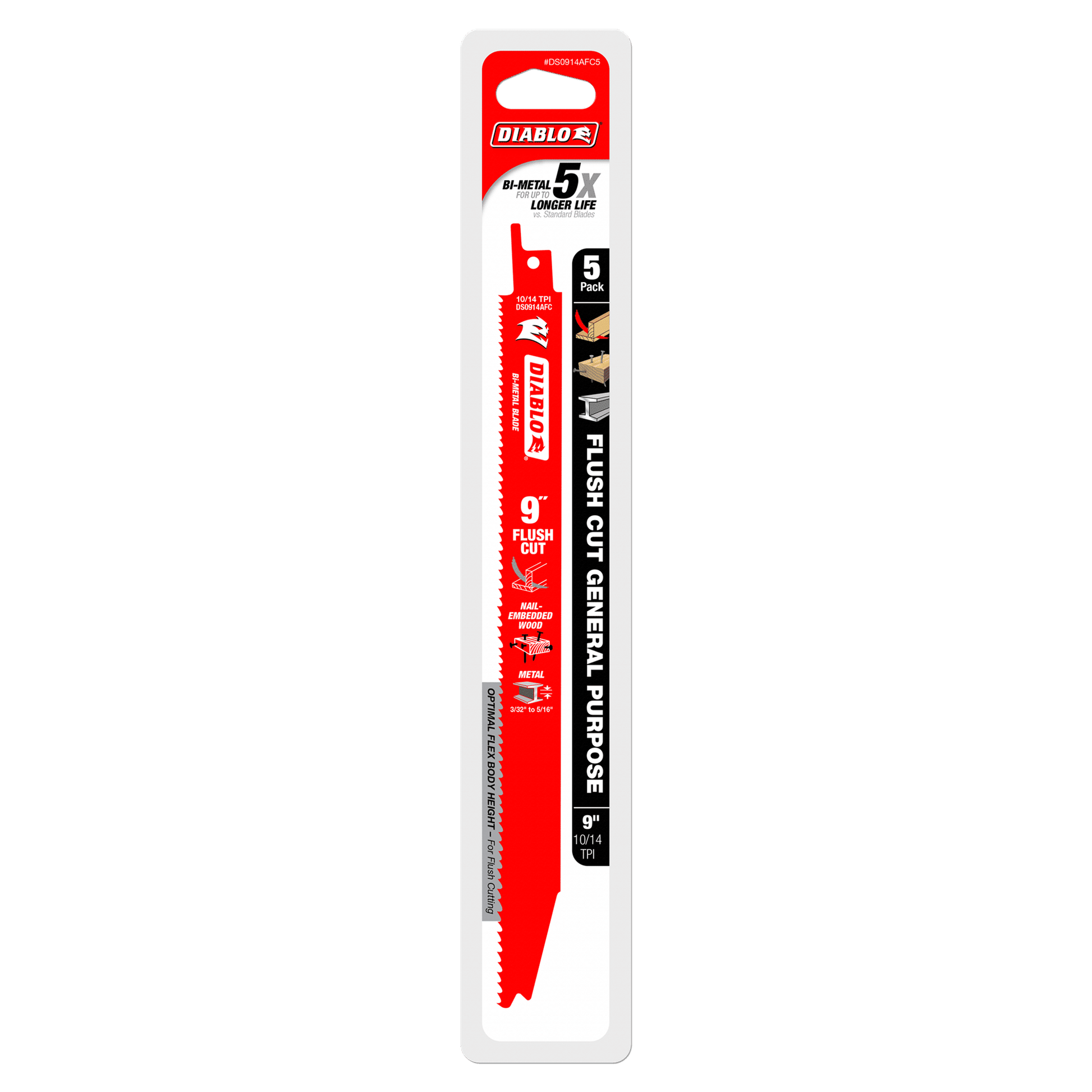 Image of Diablo DS0914AFC5 9-inch red blade (5-pack) with Variable Tooth Technology for nail-embedded wood and metal, labeled Flush Cut General Purpose, boasting 5x longer life. Features white text showcasing specs.