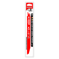 Image of Diablo DS0914AFC5 9-inch red blade (5-pack) with Variable Tooth Technology for nail-embedded wood and metal, labeled Flush Cut General Purpose, boasting 5x longer life. Features white text showcasing specs.
