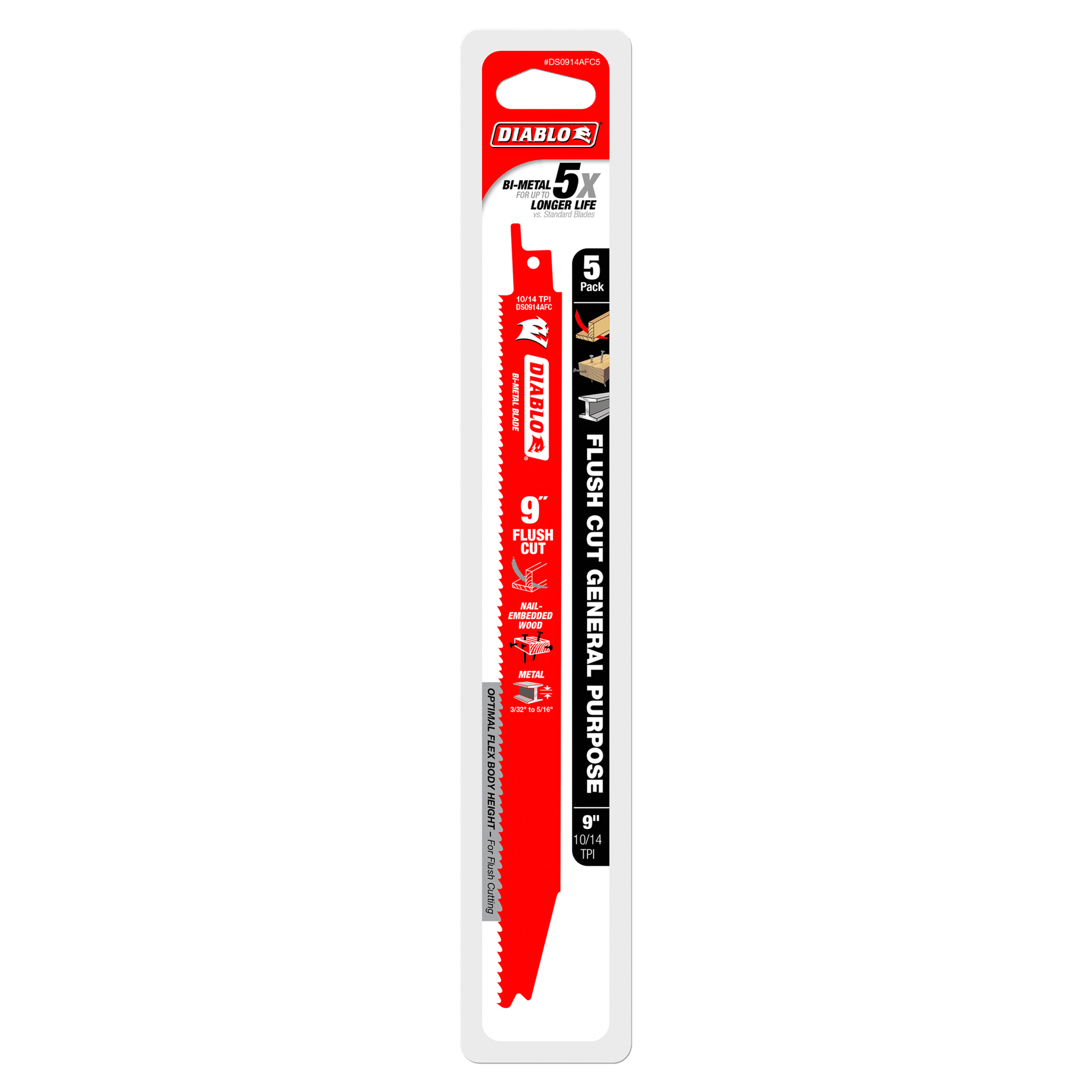 Image of Diablo DS0914AFC5 9-inch red blade (5-pack) with Variable Tooth Technology for nail-embedded wood and metal, labeled Flush Cut General Purpose, boasting 5x longer life. Features white text showcasing specs.