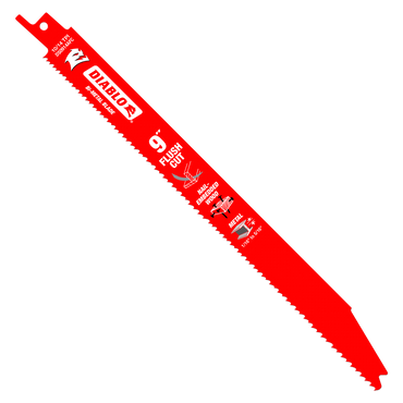 The Diablo DS0914AFC5 9 in. 10/14TPI bi-metal reciprocating blade set is ideal for nail-embedded wood and metal, featuring Variable Tooth Technology, flush cut capability, a durable carbide tip, hanging hole, and logos in white and yellow text.