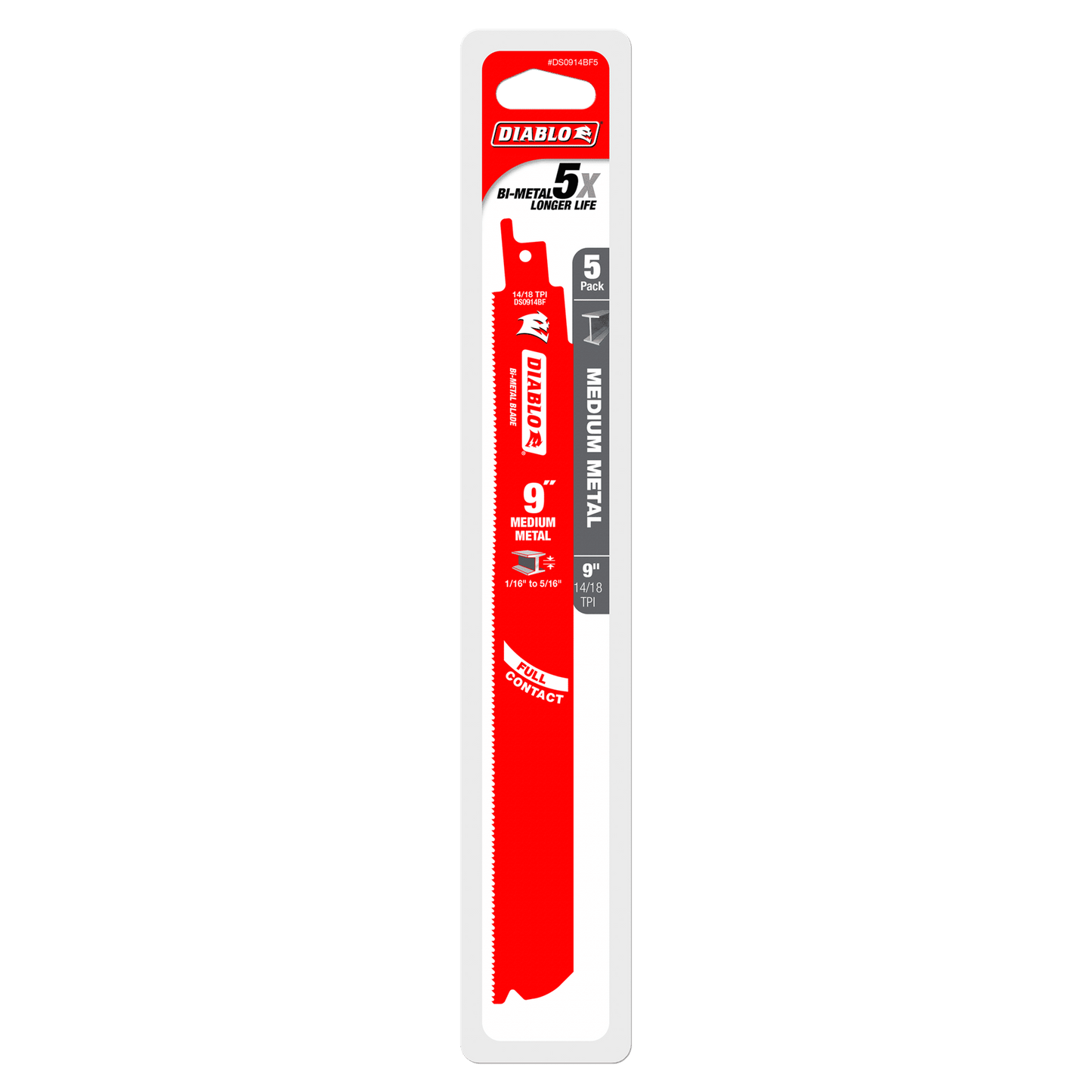 The DIABLO DS0914BF5 9 in. 14/18TPI Bi-Metal Reciprocating Saw Blades feature a striking red design with white text, Full Contact Arched Design, and Perma-SHIELD® coating, promising 5x longer life for medium metal cutting.