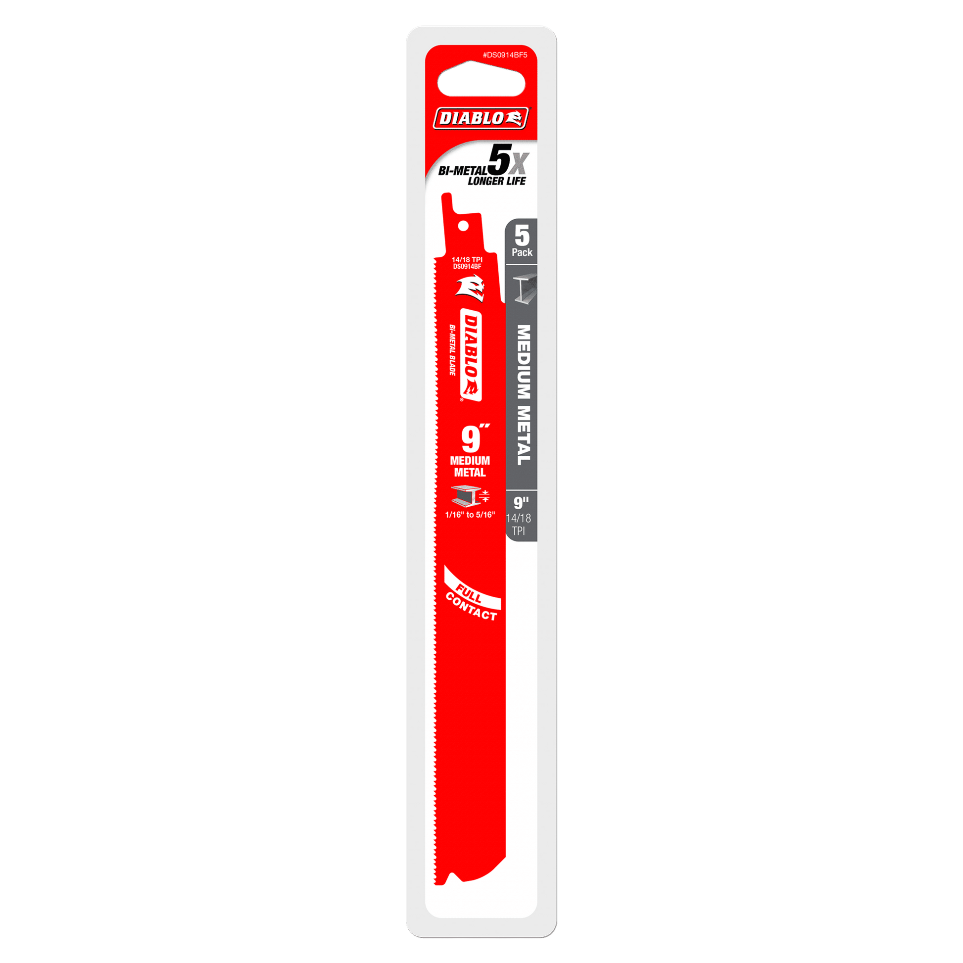 The DIABLO DS0914BF5 9 in. 14/18TPI Bi-Metal Reciprocating Saw Blades feature a striking red design with white text, Full Contact Arched Design, and Perma-SHIELD® coating, promising 5x longer life for medium metal cutting.