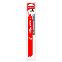 The DIABLO DS0914BF5 9 in. 14/18TPI Bi-Metal Reciprocating Saw Blades feature a striking red design with white text, Full Contact Arched Design, and Perma-SHIELD® coating, promising 5x longer life for medium metal cutting.