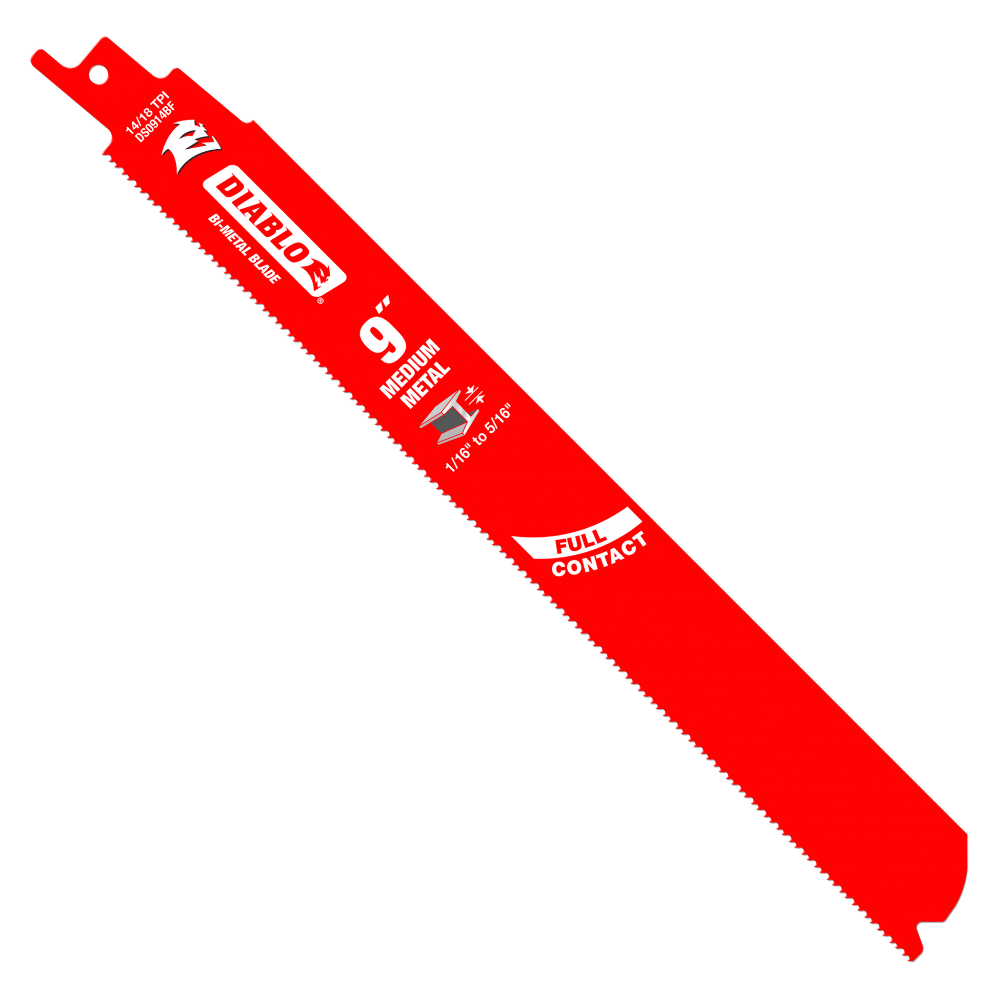 The image displays a red Diablo DS0914BF5 9-inch bi-metal reciprocating saw blade marked for medium metal cutting, with Full Contact and directional arrows, enhanced by a durable Perma-SHIELD® coating.