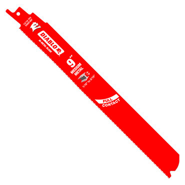 The image displays a red Diablo DS0914BF5 9-inch bi-metal reciprocating saw blade marked for medium metal cutting, with Full Contact and directional arrows, enhanced by a durable Perma-SHIELD® coating.