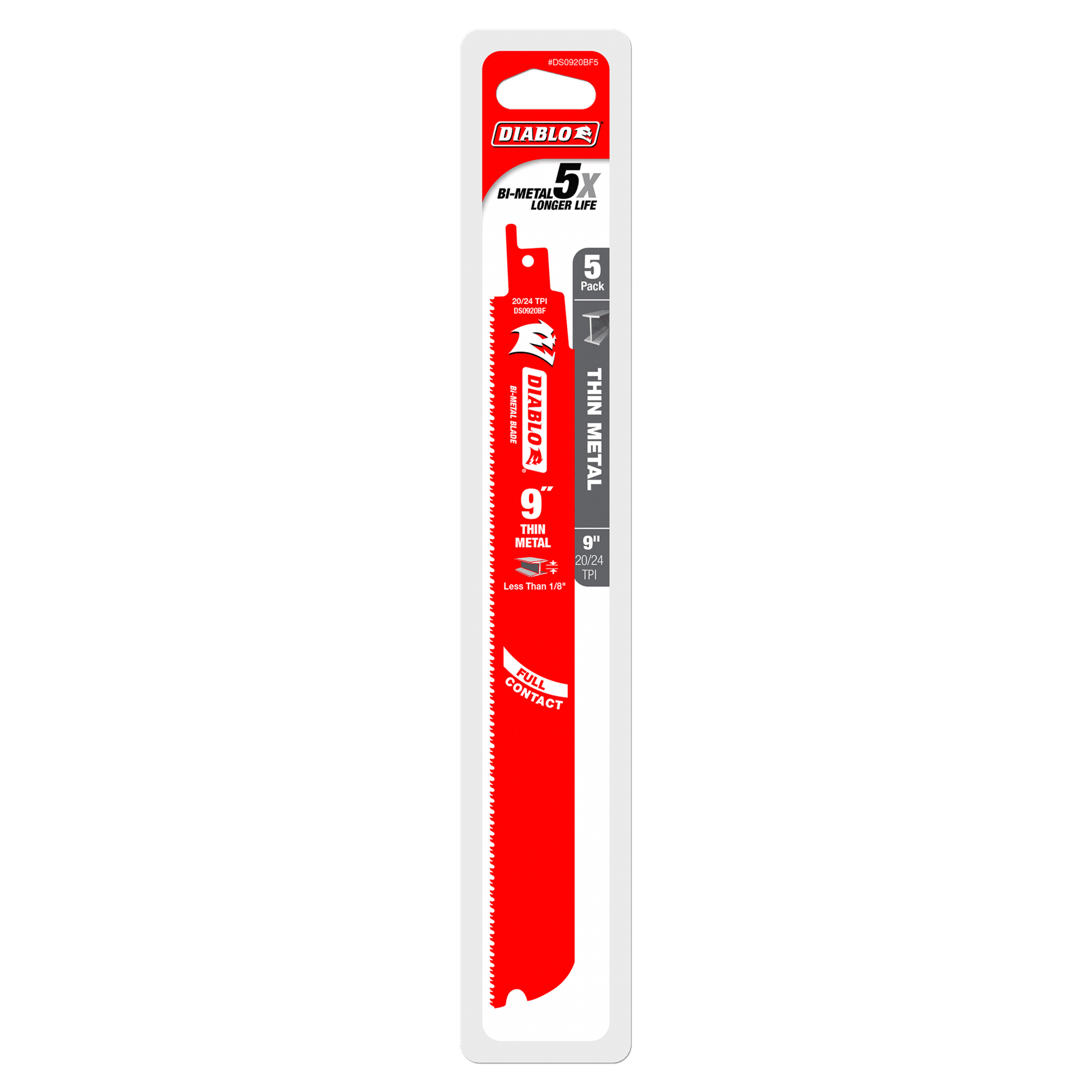 The Diablo DS0920BF5 9-inch 20/24TPI bi-metal reciprocating saw blade packaging highlights an ultra-hardened edge, ideal for thin metal cutting, with claims of a 5x longer life. The sleek white and black design features striking red accents.