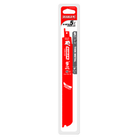 The Diablo DS0920BF5 9-inch 20/24TPI bi-metal reciprocating saw blade packaging highlights an ultra-hardened edge, ideal for thin metal cutting, with claims of a 5x longer life. The sleek white and black design features striking red accents.