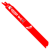 The red 9-inch Diablo DS0920BF5 reciprocating saw blade, with an ultra-hardened edge, is ideal for cutting thick metal. It features Full Contact, Diablo logos, and indicates Thick Metal on the blade.