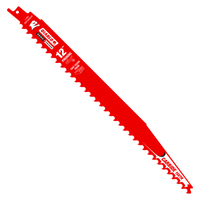 The Diablo 12 Demo Demon™ Reciprocating Saw Blade, with its pointed, serrated carbide teeth and CARBIDE-TEETH branding in white, excels in cutting thick metal and stands out among reciprocating saw blades.