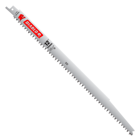 The DIABLO DS1205FG5 12 in. reciprocating saw blade, with a silver finish and red logo, features large, sharp teeth for fast cutting, ideal for pruning and clean wood.