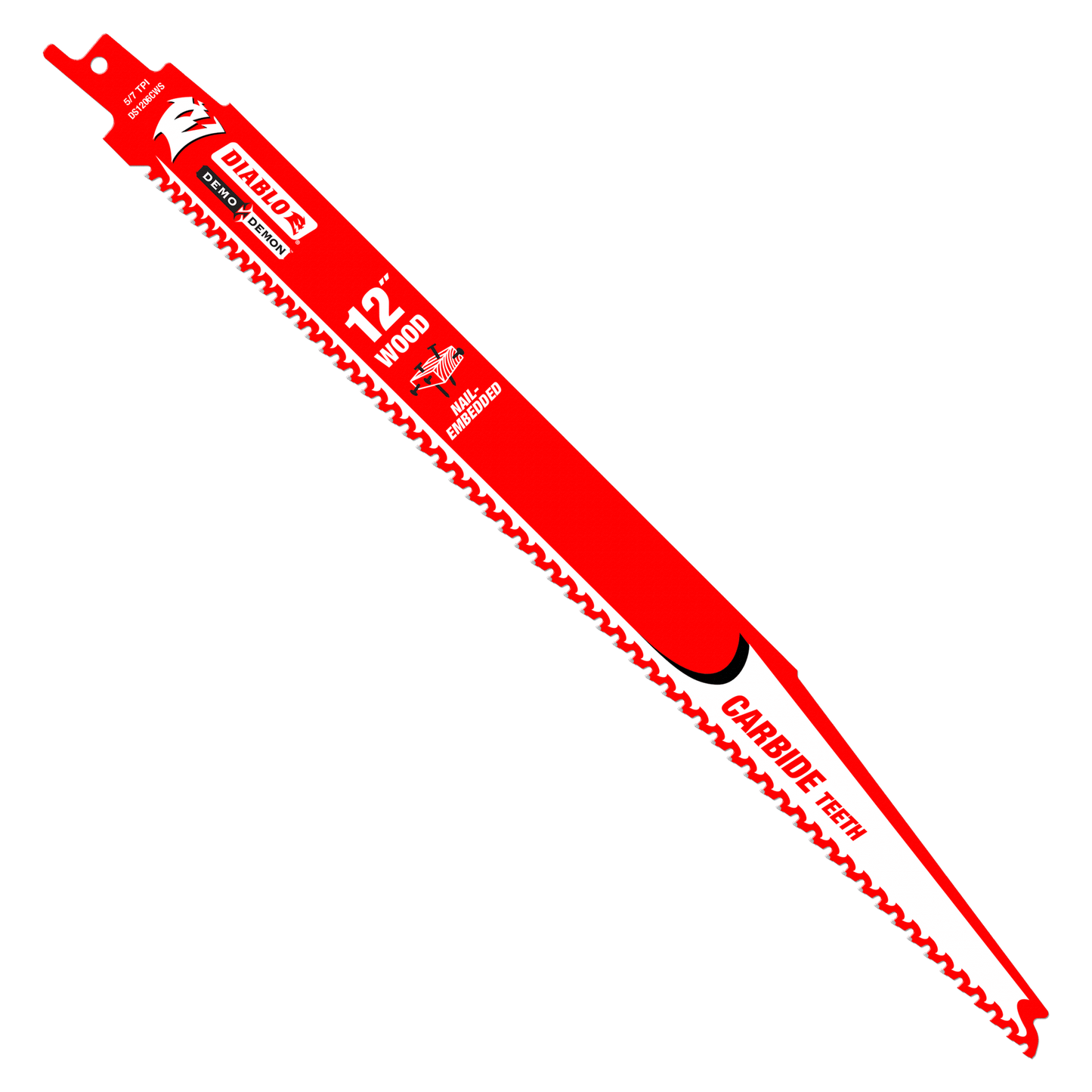 The Diablo DS1206CWS3 12-inch Demo Demon™ reciprocating saw blades, featuring carbide teeth and bold branding, are engineered for high-performance cutting through nail-embedded wood. This durable 3-pack blade set ensures precision in tackling your toughest jobs.
