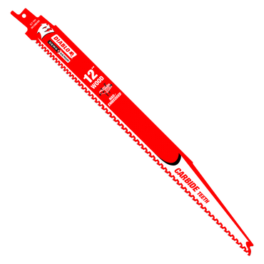 The Diablo DS1206CWS3 12-inch Demo Demon™ reciprocating saw blades, featuring carbide teeth and bold branding, are engineered for high-performance cutting through nail-embedded wood. This durable 3-pack blade set ensures precision in tackling your toughest jobs.