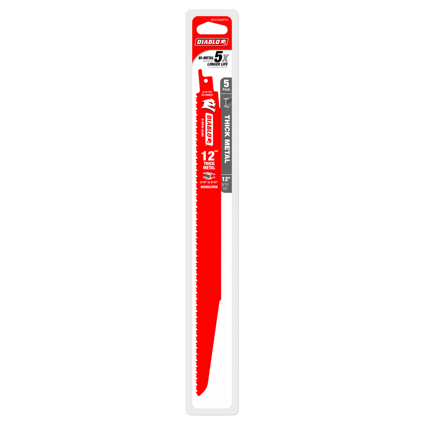 The Diablo DS1208BFD5 12-inch Bi-Metal Reciprocating Saw Blade, ideal for cutting thick metal (3/16 to 9/16) and demolition, features an ultra-hardened edge lasting five times longer than standard blades. Its vibrant red color and clear branding ensure it stands out.