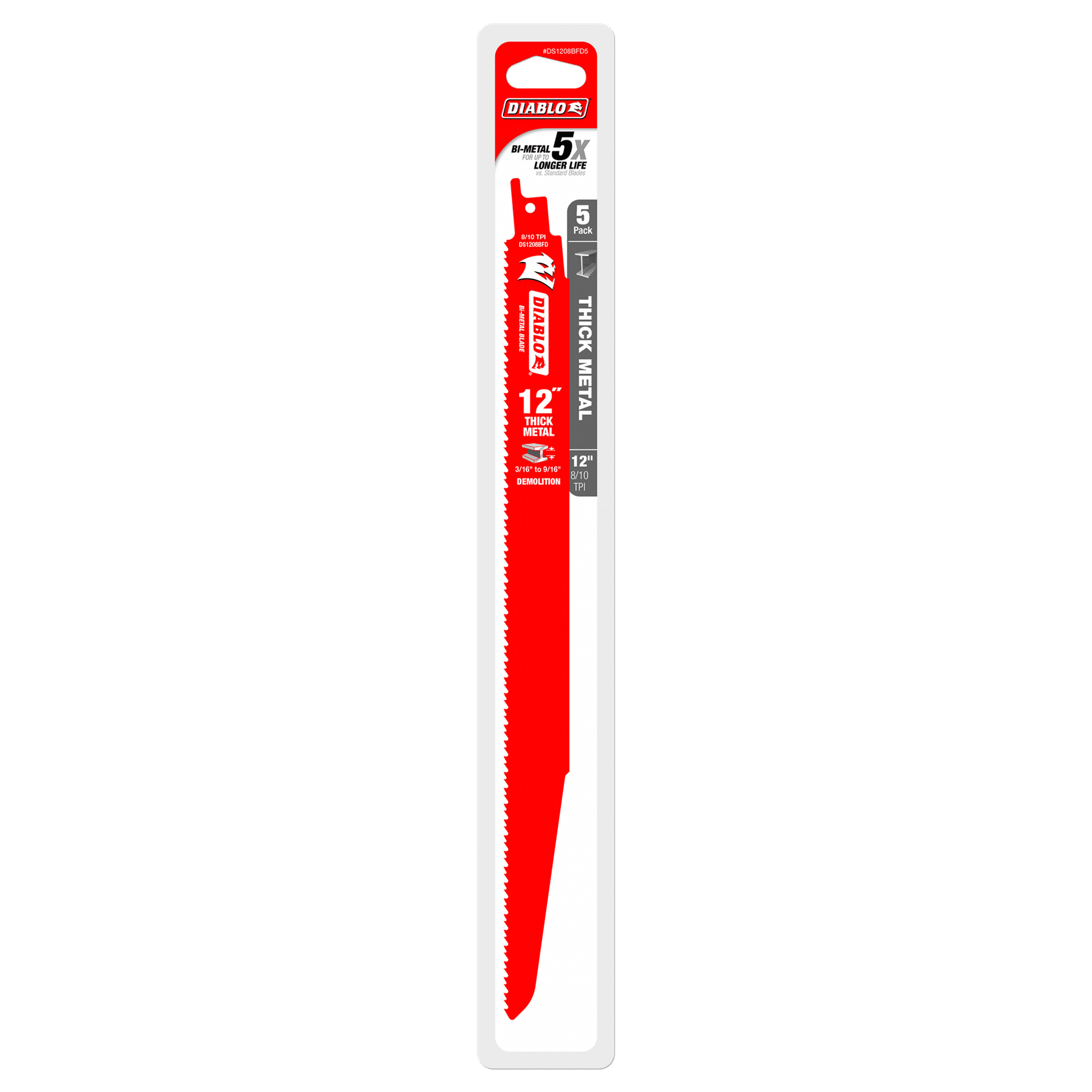 The Diablo DS1208BFD5 12-inch Bi-Metal Reciprocating Saw Blade, ideal for cutting thick metal (3/16 to 9/16) and demolition, features an ultra-hardened edge lasting five times longer than standard blades. Its vibrant red color and clear branding ensure it stands out.