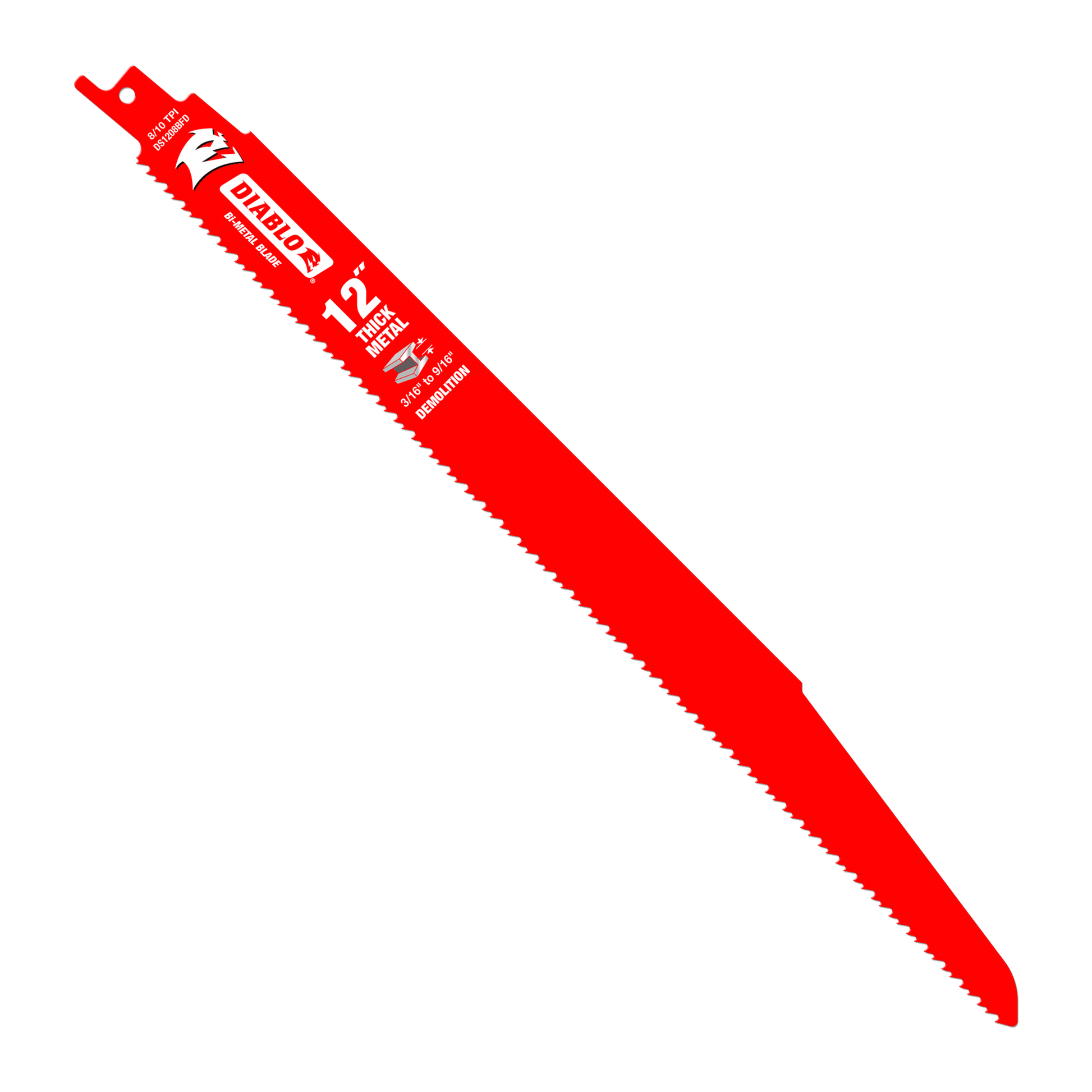 The DIABLO DS1208BFD5 is a red 12-inch bi-metal reciprocating saw blade for thick metal demolition (3/16 in. to 9/16 in.) with a pointed tip, large serrated edges, and an ultra-hardened cutting edge for durability. Branding and specifications are printed in white on the blade. Comes in a 5-pack.