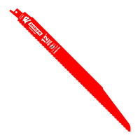 The DIABLO DS1208BFD5 is a red 12-inch bi-metal reciprocating saw blade for thick metal demolition (3/16 in. to 9/16 in.) with a pointed tip, large serrated edges, and an ultra-hardened cutting edge for durability. Branding and specifications are printed in white on the blade. Comes in a 5-pack.