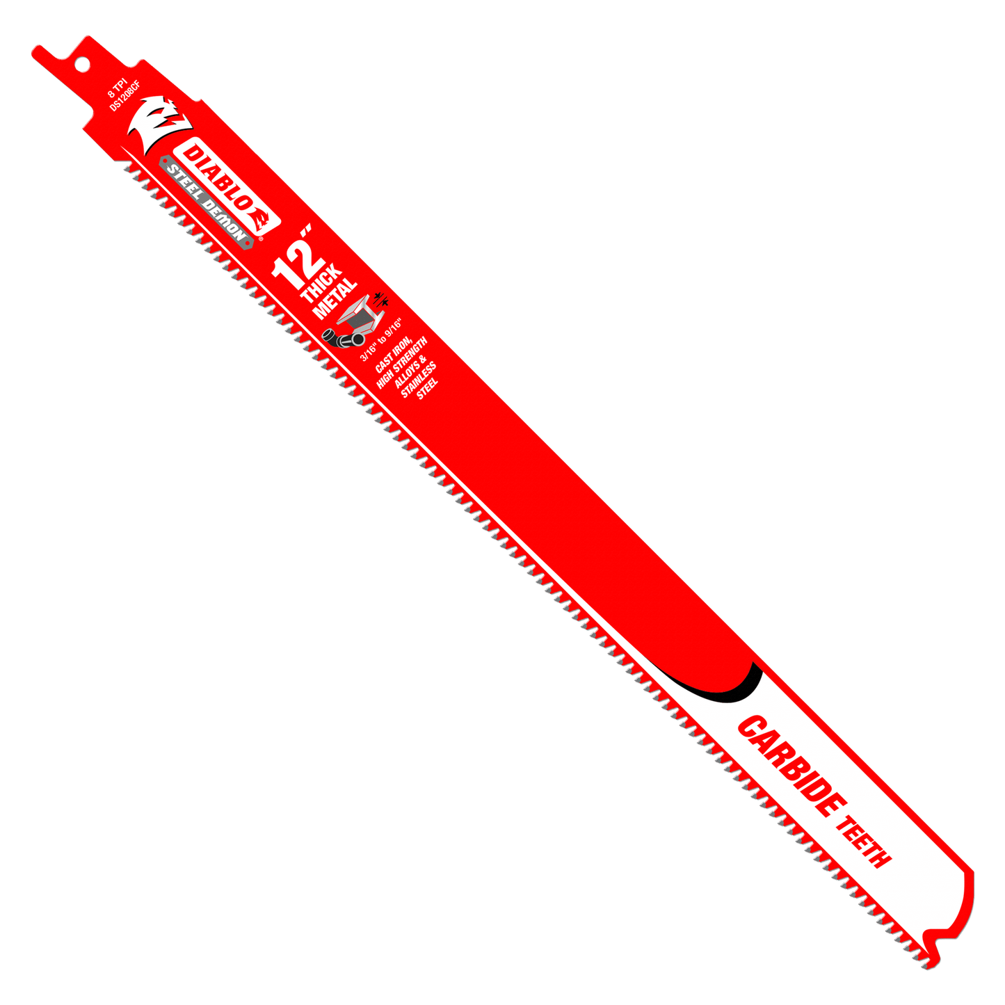 Image of a Diablo DS1208CF3 12-inch Steel Demon reciprocating saw blade, featuring carbide teeth ideal for thick metal cutting, with red and white design and branding.