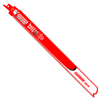 Image of a Diablo DS1208CF3 12-inch Steel Demon reciprocating saw blade, featuring carbide teeth ideal for thick metal cutting, with red and white design and branding.