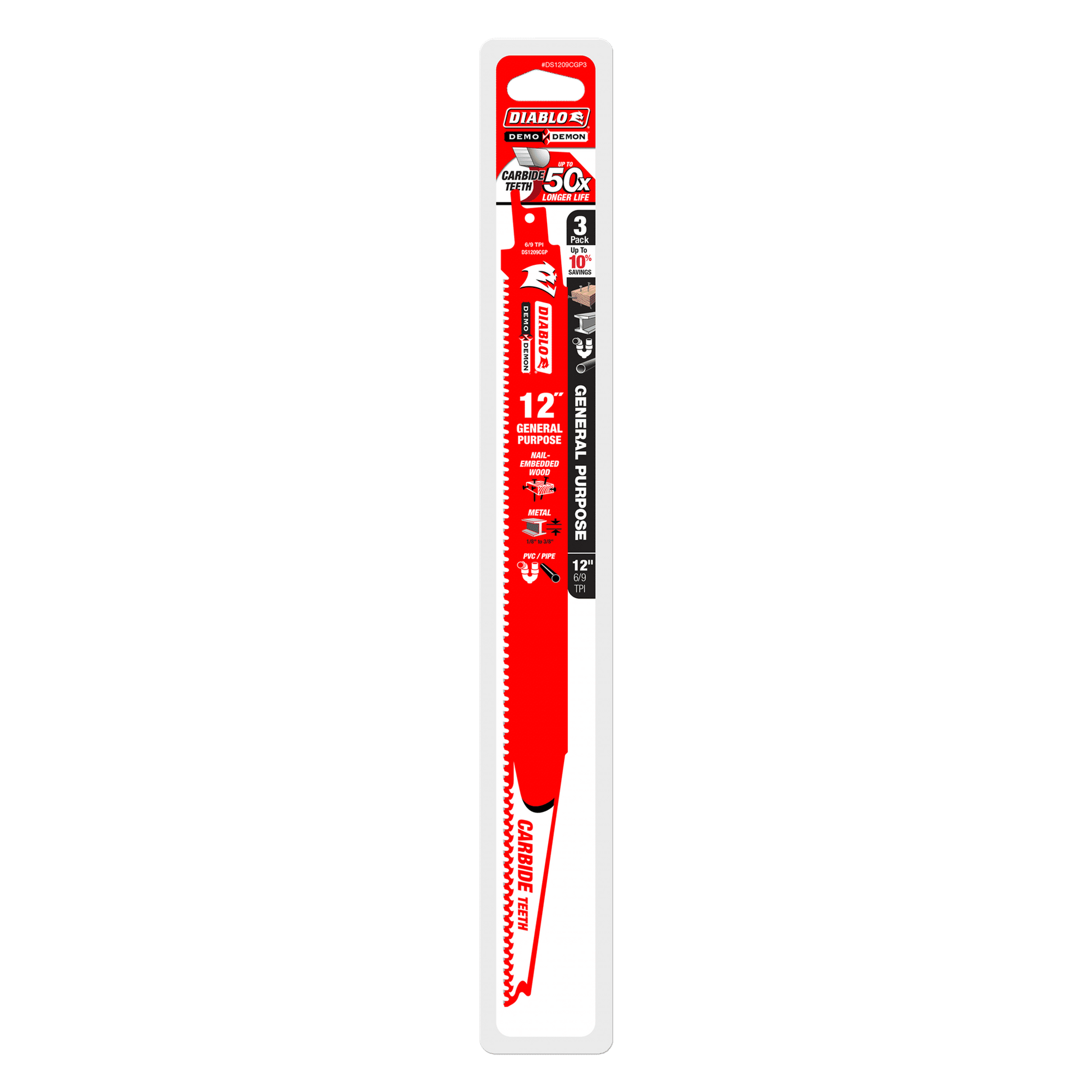 The 12-inch Diablo Demo Demon saw blades packaging features a striking red design with white text. Its carbide teeth extend blade life fivefold, perfect for cutting metal and wood, showcasing its general-purpose versatility.