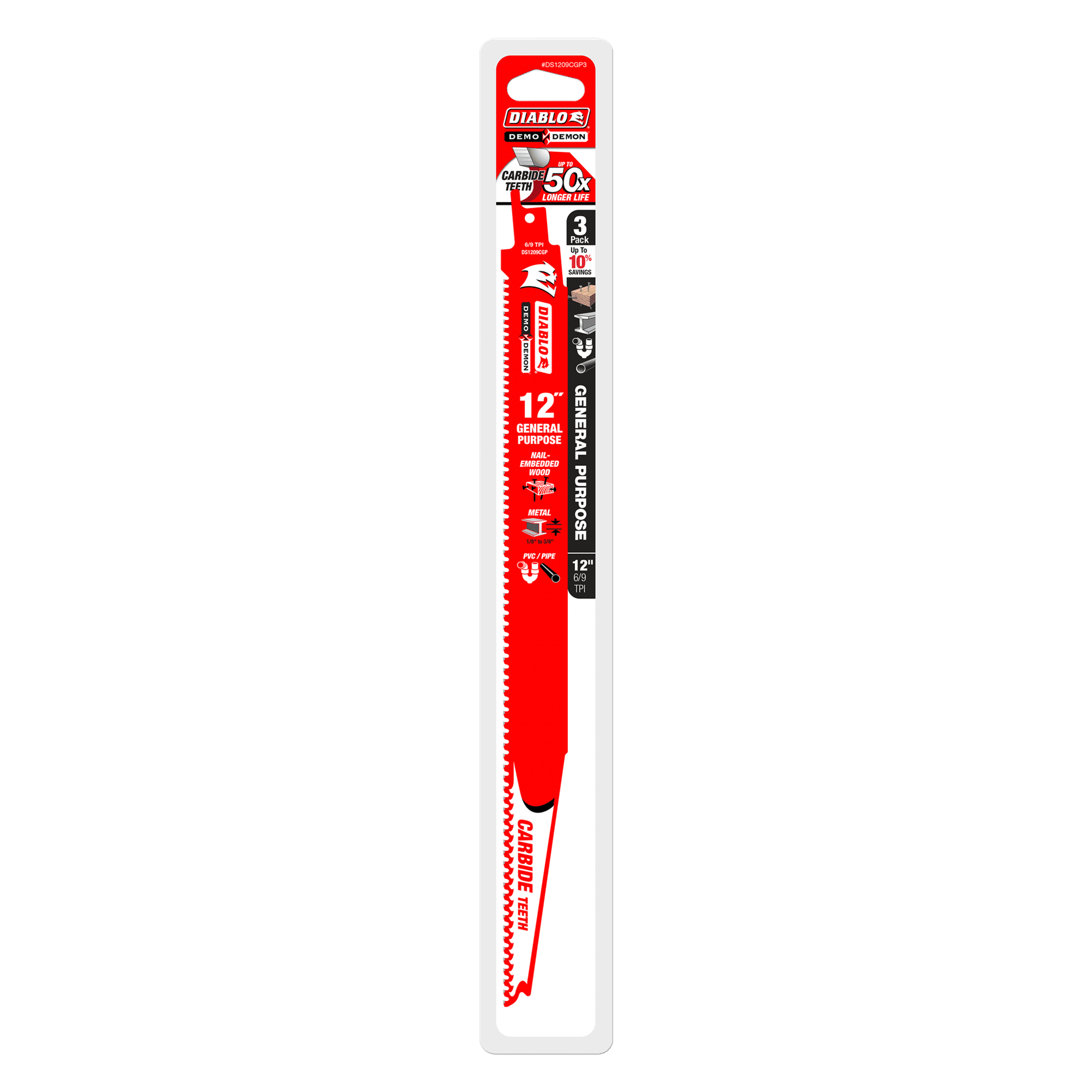 The 12-inch Diablo Demo Demon saw blades packaging features a striking red design with white text. Its carbide teeth extend blade life fivefold, perfect for cutting metal and wood, showcasing its general-purpose versatility.