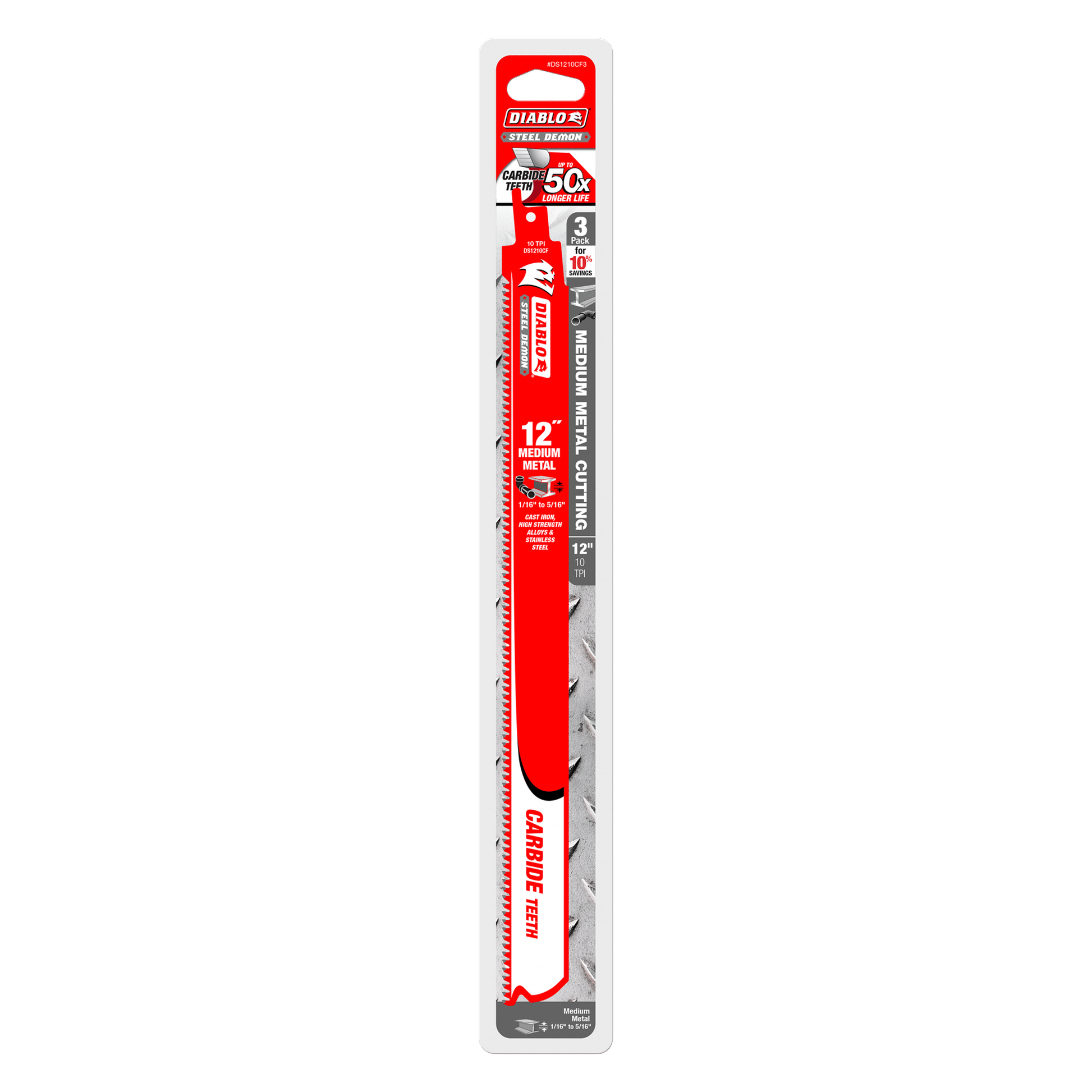 The Diablo DS1210CF3 packaging is long and slim, featuring red and white branding. It includes a 12-inch, 10 TPI carbide teeth blade designed for medium metal cutting, ensuring exceptional durability.