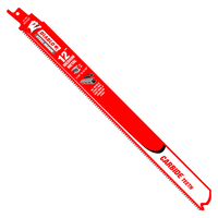 Introducing the Diablo DIABLO DS1210CF3 Steel Demon™ 12 reciprocating saw blade with carbide teeth for precise medium metal cutting, featuring 10 TPI and bold white/black text highlighting its features alongside the iconic brand logo. Comes in a pack of three.