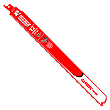 Introducing the Diablo DIABLO DS1210CF3 Steel Demon™ 12 reciprocating saw blade with carbide teeth for precise medium metal cutting, featuring 10 TPI and bold white/black text highlighting its features alongside the iconic brand logo. Comes in a pack of three.