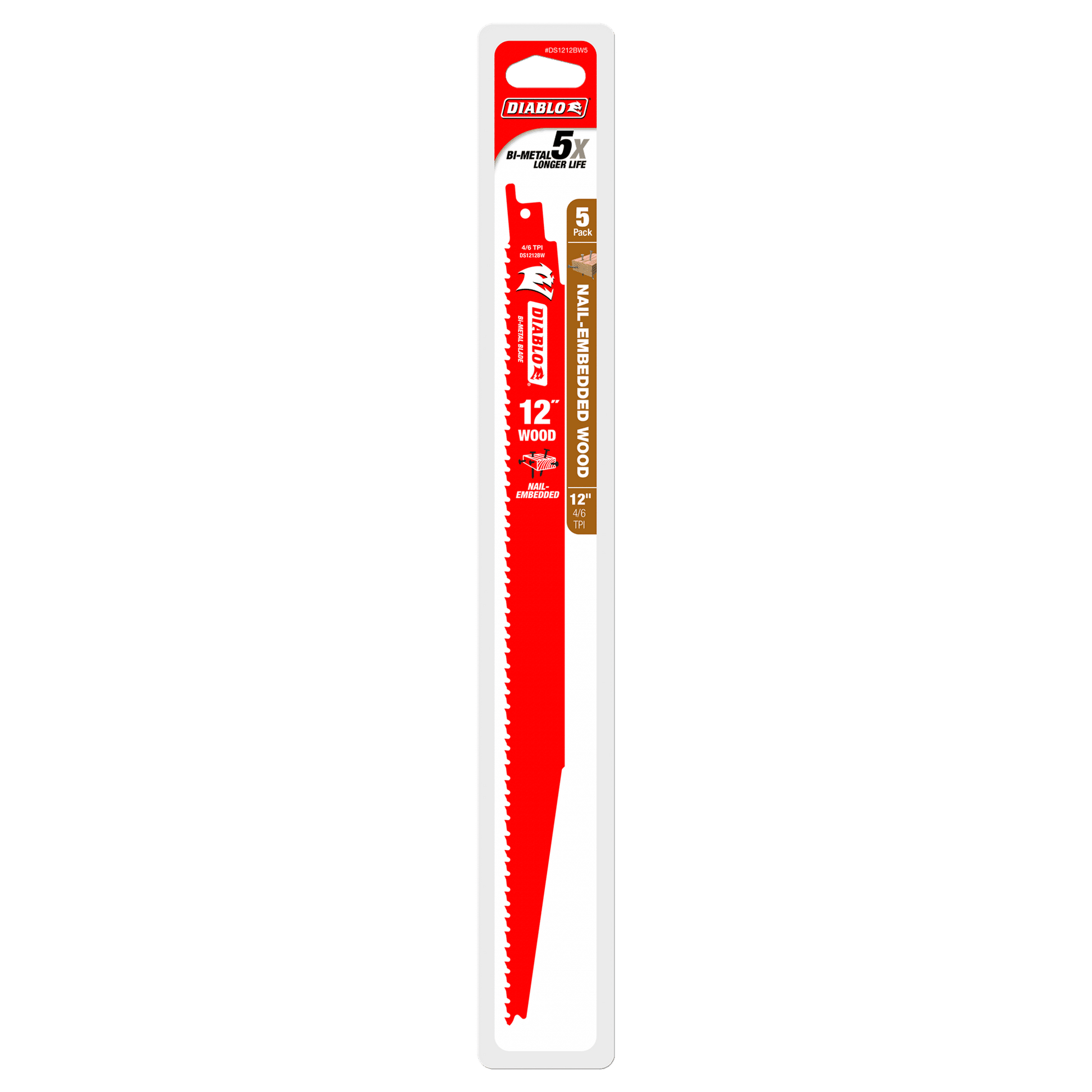 The Diablo DS1212BW5 12 4/6TPI bi-metal reciprocating saw blade pack offers a Perma-SHIELD® coating for durability and a 5X longer life. Designed for nail-embedded wood, its red and white packaging highlights its robust construction.