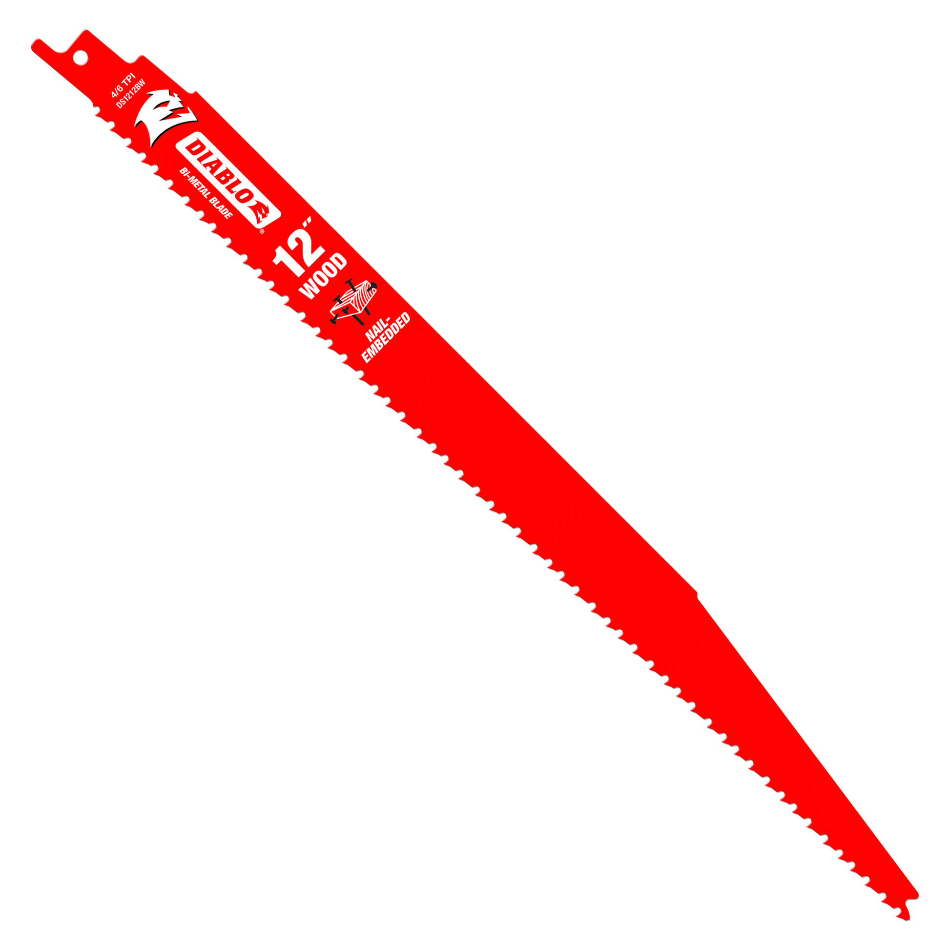 Image of a Diablo DS1212BW5 12-inch bi-metal reciprocating saw blade with red Perma-SHIELD® coating, teeth on one edge, and brand logos near the flat end against a black background; designed to cut nail-embedded wood effortlessly.