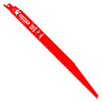 Image of a Diablo DS1212BW5 12-inch bi-metal reciprocating saw blade with red Perma-SHIELD® coating, teeth on one edge, and brand logos near the flat end against a black background; designed to cut nail-embedded wood effortlessly.