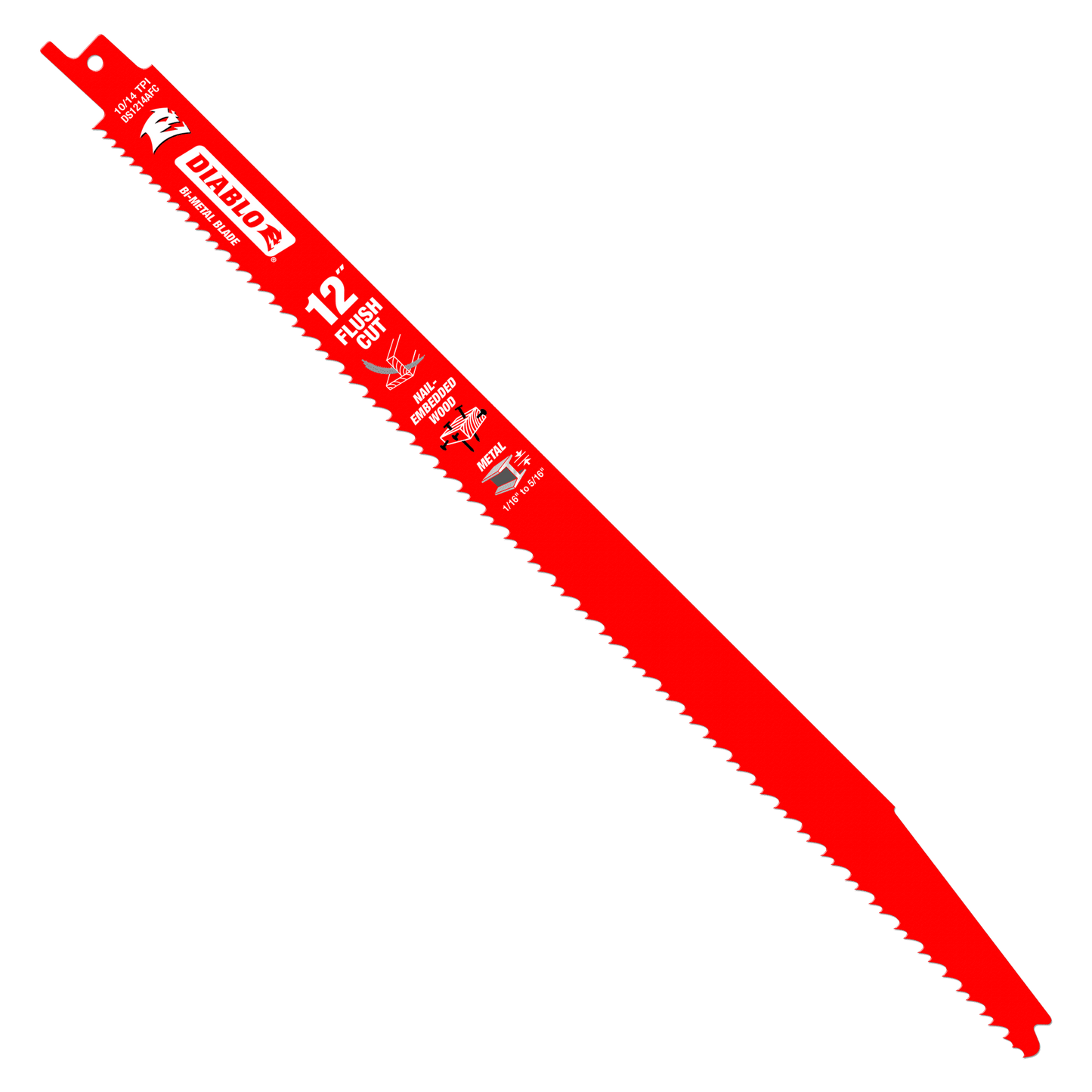 The DIABLO DS1214AFC5 12-inch 10/14TPI Flush Cut Bi-Metal Reciprocating Saw Blade features Fleam Ground in red with logos and specs, a sharp jagged edge, and an attachment hole, all on a sleek black base.