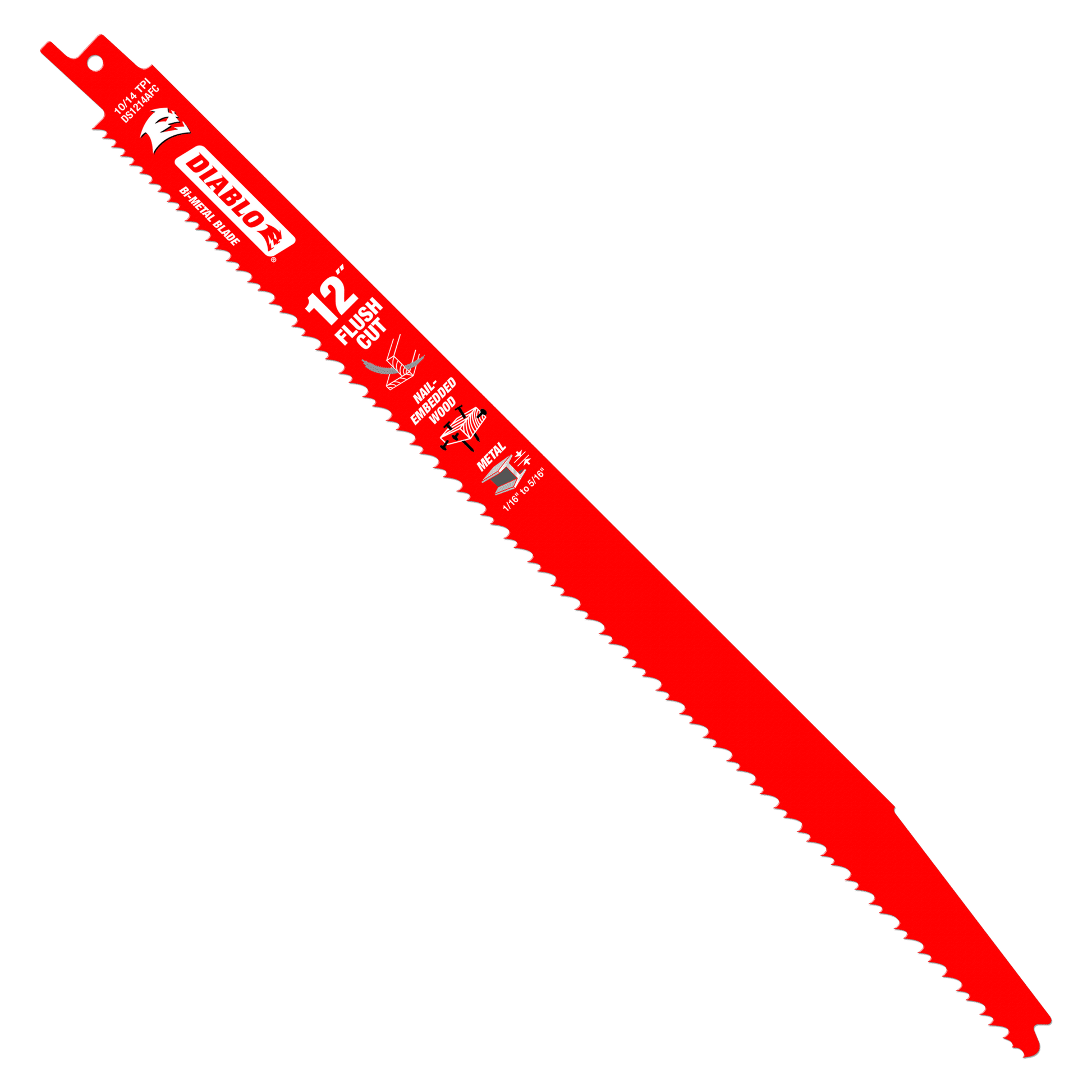 The DIABLO DS1214AFC5 12-inch 10/14TPI Flush Cut Bi-Metal Reciprocating Saw Blade features Fleam Ground in red with logos and specs, a sharp jagged edge, and an attachment hole, all on a sleek black base.