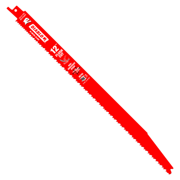The DIABLO DS1214AFC5 12-inch 10/14TPI Flush Cut Bi-Metal Reciprocating Saw Blade features Fleam Ground in red with logos and specs, a sharp jagged edge, and an attachment hole, all on a sleek black base.
