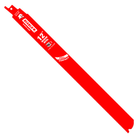 The Diablo DS1214BF5 12 Bi-Metal Reciprocating Saw Blades feature a sleek, serrated edge, ideal for medium metal and wood tasks. With 14/18 TPI and the Full Contact Arched Design, these blades come in a Perma-SHIELD pack titled The Demon for efficient cutting.