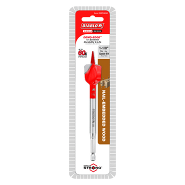 The Diablo DSPD4060 1-1/8 in. x 6 in. Demo Demon™ Spade Bit packaging features a durable design with a predominantly white color and red accents, highlighting its Impact Strong capabilities and the Diablo brand clearly.