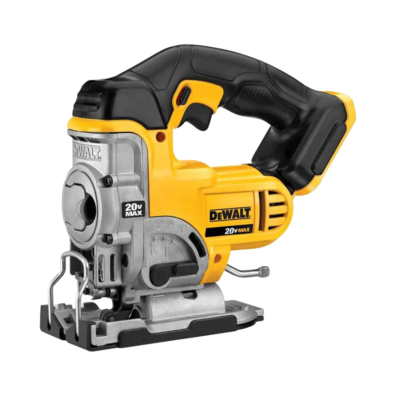 A yellow and black Go Build 20V MAX Cordless Jig Saw (Tool-Only) features a black handle, silver blade guard, visible branding, and a keyless blade change system for quick bevel cutting adjustments.