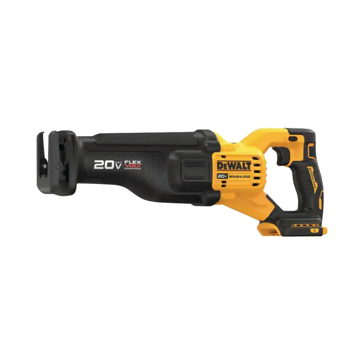 A yellow and black Go Build 20V MAX Lithium Ion Cordless Brushless Reciprocating Saw (tool only) with a black handle and yellow accents, labeled 20V MAX, compatible with FLEXVOLT batteries. Brand: Go Build, The Fastest Way To Build.